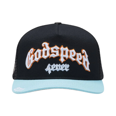 Godspeed "Forever" Trucker Hat Black/Light Blue/Orange