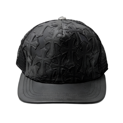 Chrome Hearts "Cemetery Cross Patches" Leather Trucker Hat Black