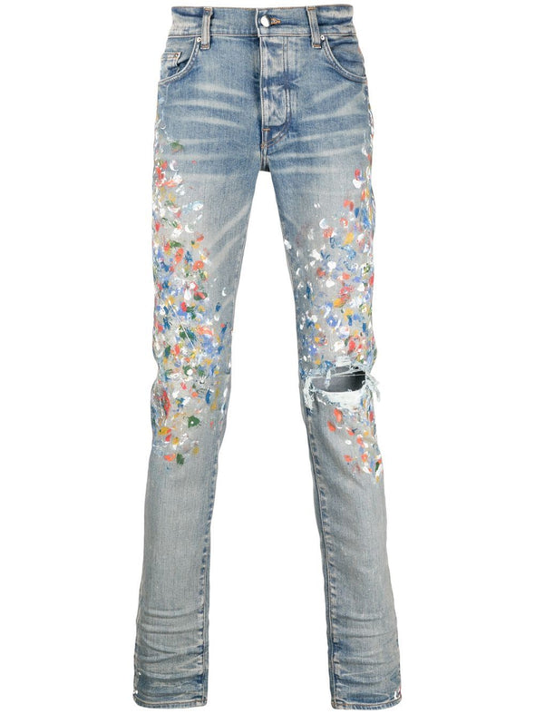 Amiri "Paint-Splatter" Skinny Jeans Blue